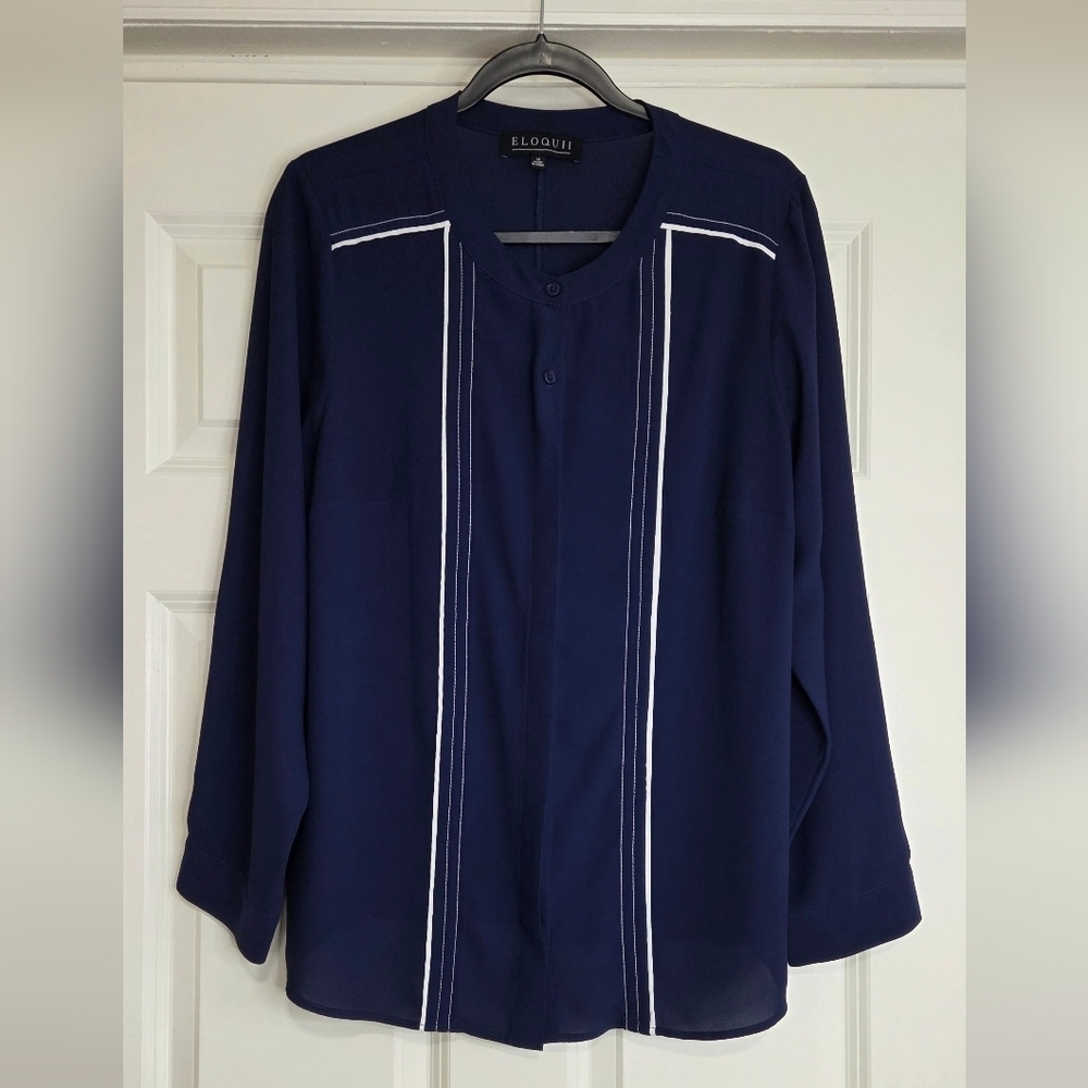 Eloquii Navy Button Down Blouse w/ White Piping & Contrast Stitching  - Size 14
